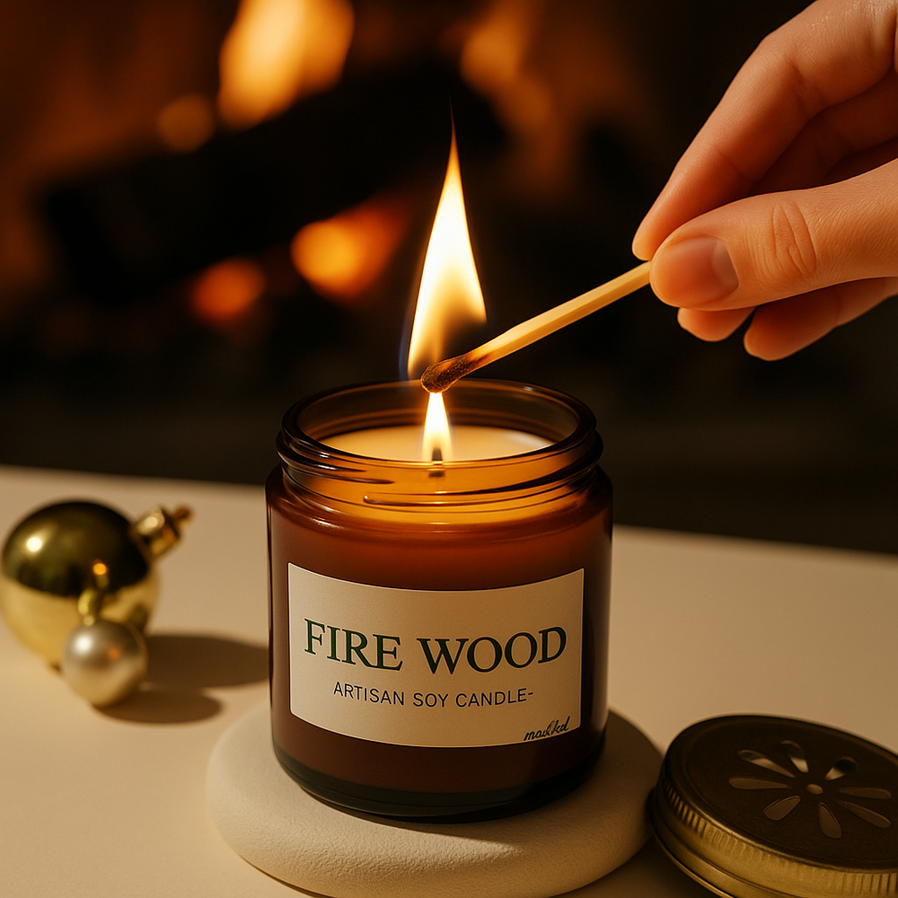 Candle labeled 'Fire Wood' being lit with a match, fireplace in the background