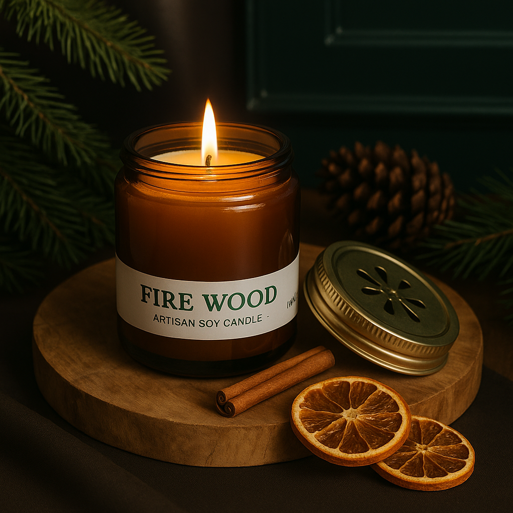 Candle labeled 'Fire Wood' with cinnamon sticks and dried oranges on a wooden board. Candle labeled 'Fire Wood' with cinnamon sticks and dried oranges on a wooden board.