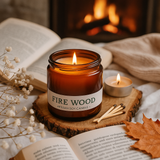Candle labeled 'Fire Wood' on a wooden surface with a fireplace in the background Candle labeled 'Fire Wood' on a wooden surface with a fireplace in the background