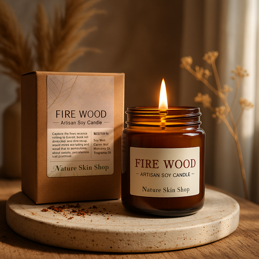 Fire Wood candle and packaging on a wooden surface with a warm background