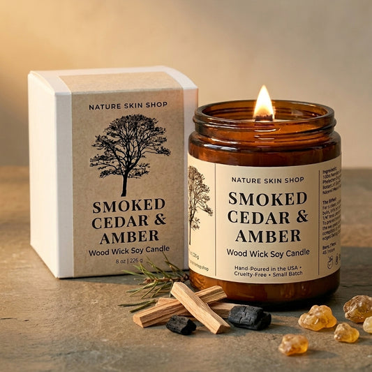 Smoked Cedar & Amber candle with packaging on a wooden surface