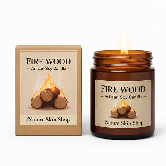 Fire Wood Artisan Soy Candle from Nature Skin Shop with packaging on a white background