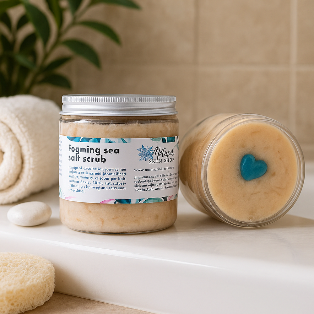 Jar of foaming sea salt scrub with a heart-shaped object on a bathroom shelf.