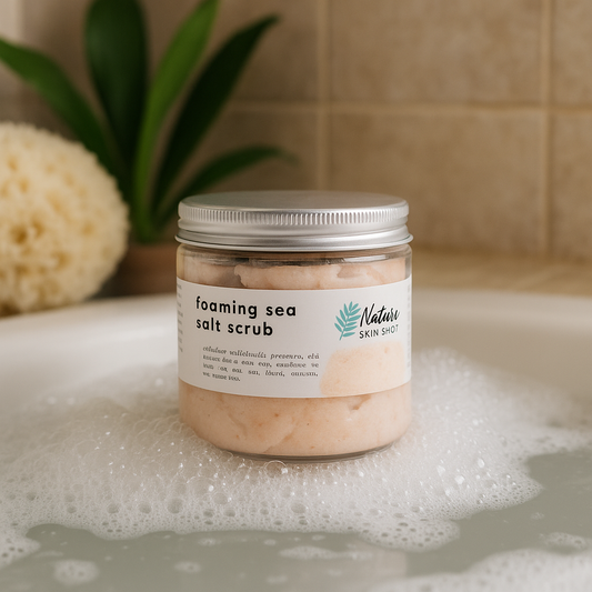 Jar of foaming sea salt scrub with a label on a tiled bathroom background