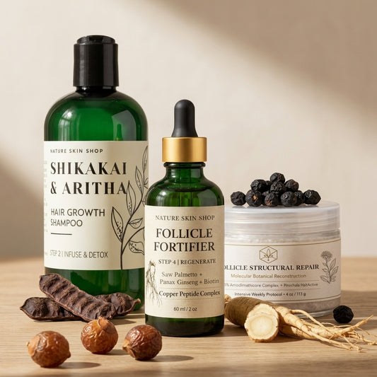 Three skincare products from Nature Skin Shop on a wooden surface with natural ingredients.