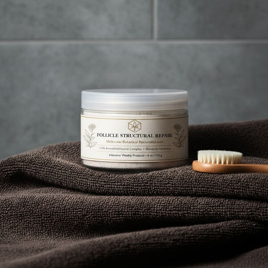 Jar of 'Follicle Structural Repair' product on a towel with a brush in the background
