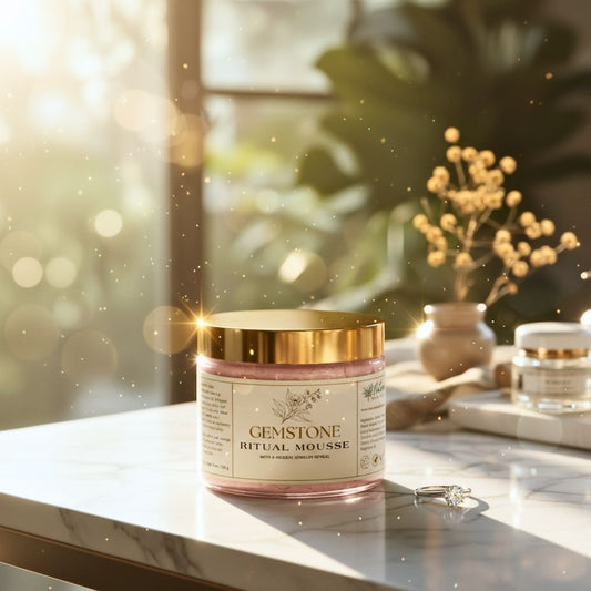 Jar of Gemstone Ritual Mousse on a marble surface with a blurred background