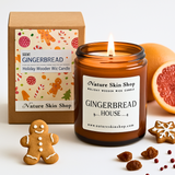 Gingerbread-themed candle with packaging, gingerbread man, and ingredients on a white background Gingerbread-themed candle with packaging, gingerbread man, and ingredients on a white background