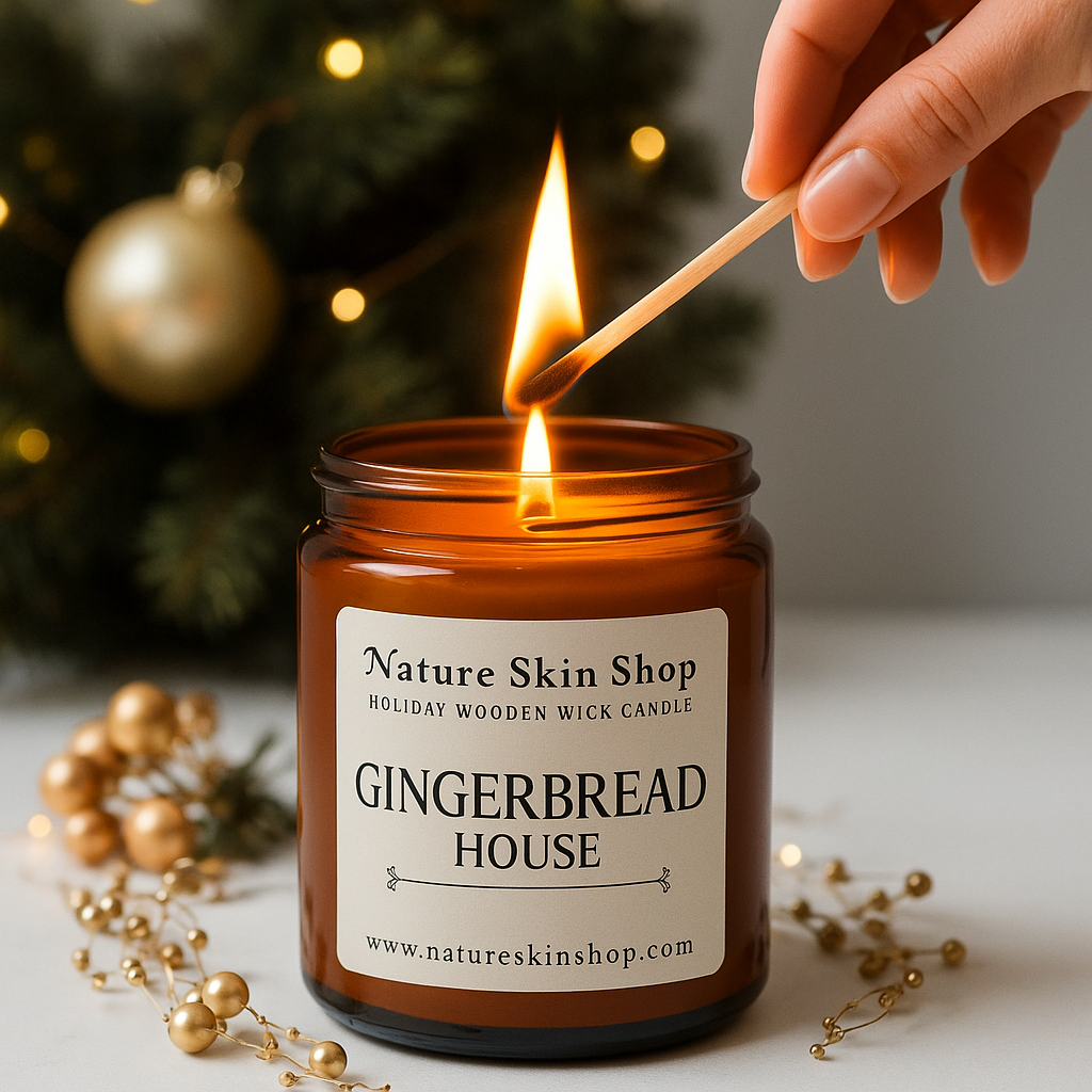 Candle labeled 'Nature Skin Shop Gingerbread House' being lit with a match, surrounded by festive decorations. Candle labeled 'Nature Skin Shop Gingerbread House' being lit with a match, surrounded by festive decorations.