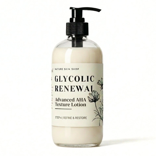 Bottle of Glycolic Renewal Advanced AHA Texture Lotion with pump on a white background