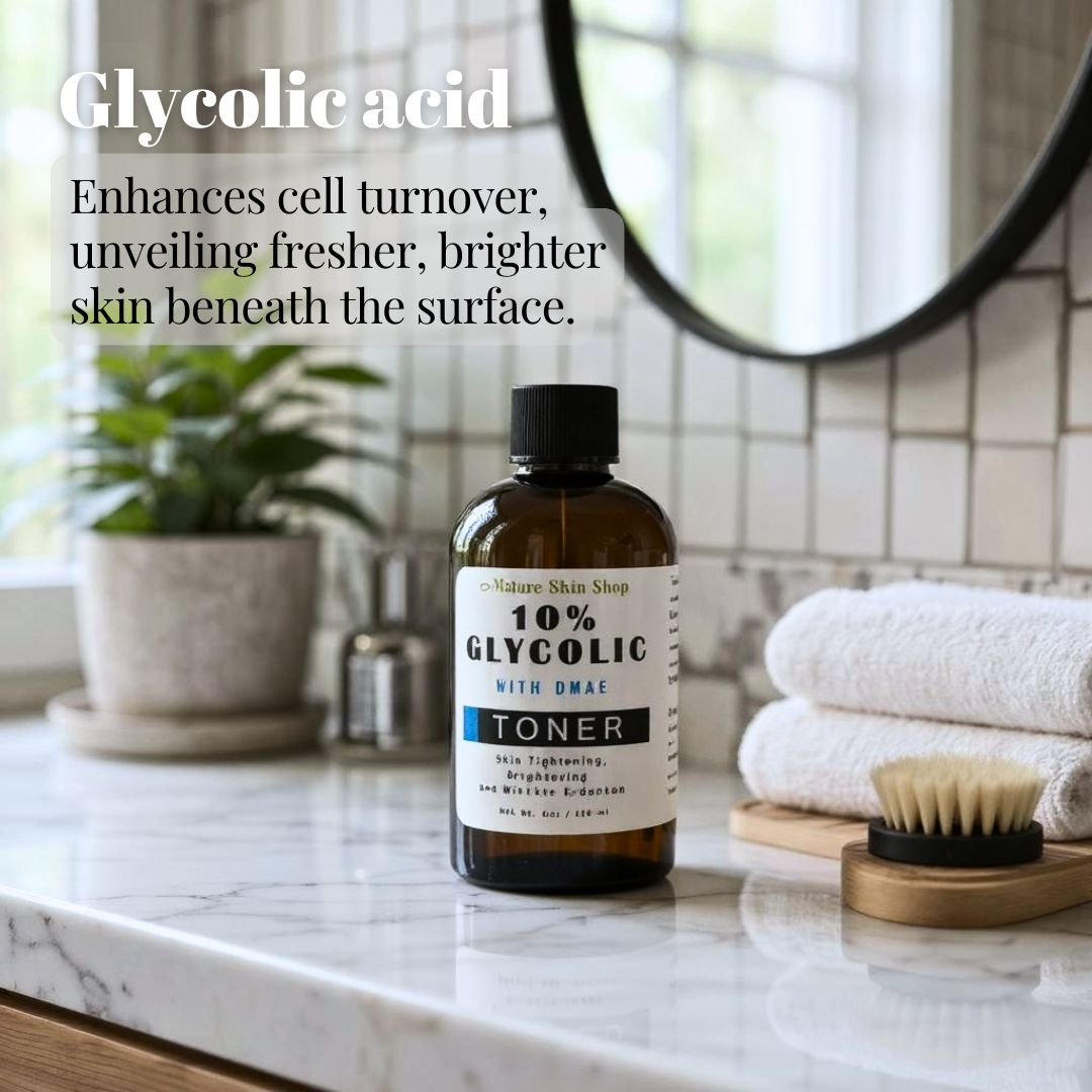 Bottle of glycolic acid toner on a bathroom counter with text about its benefits. Bottle of glycolic acid toner on a bathroom counter with text about its benefits.