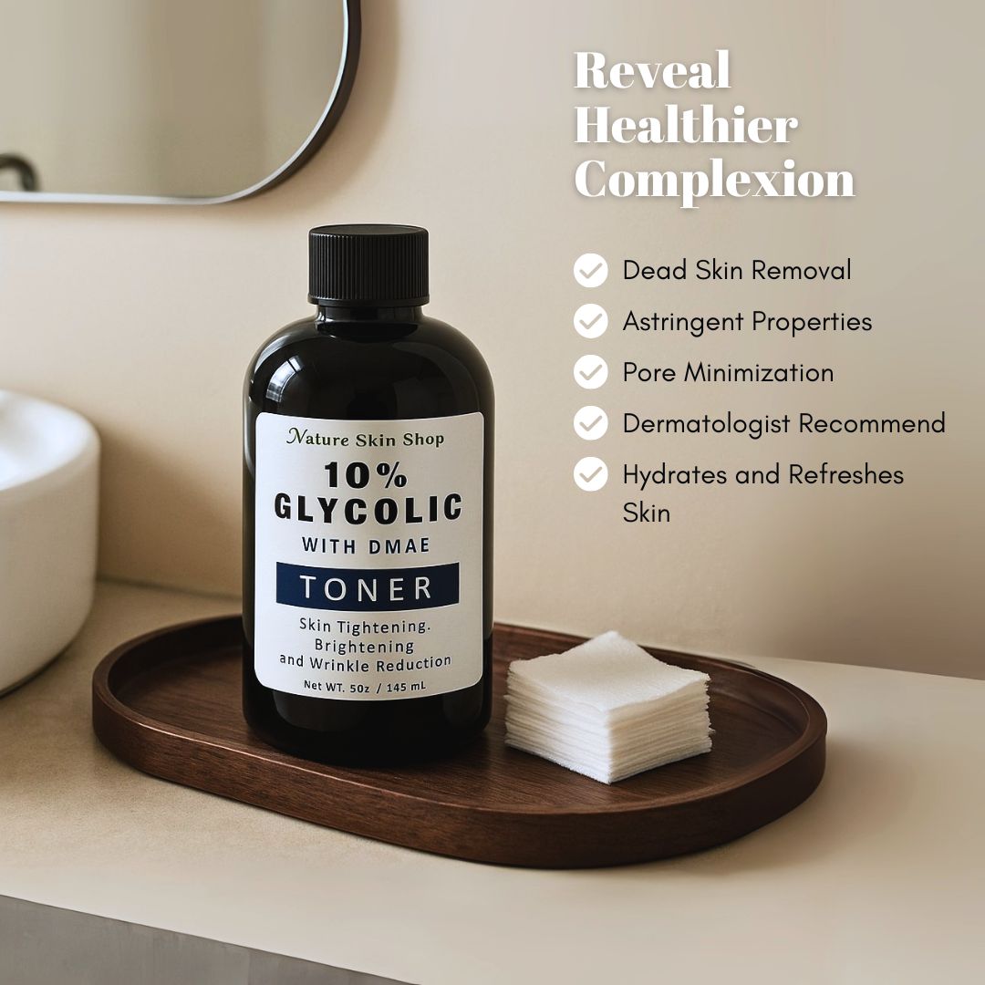 Bottle of 10% Glycolic Toner with OMAE on a wooden tray in a bathroom setting. Bottle of 10% Glycolic Toner with OMAE on a wooden tray in a bathroom setting.