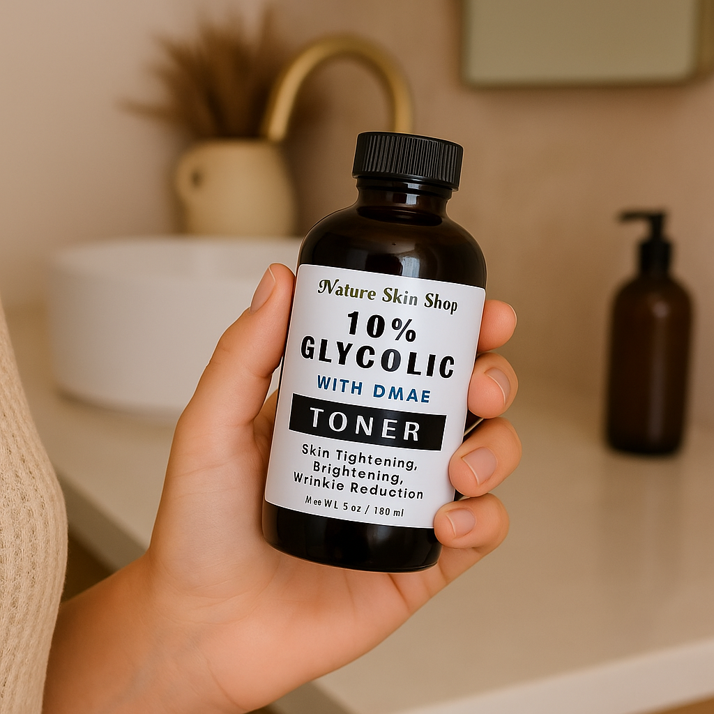Hand holding a bottle of 'Nature Skin Shop 10% Glycolic with DMAE Toner' in a bathroom setting. Hand holding a bottle of 'Nature Skin Shop 10% Glycolic with DMAE Toner' in a bathroom setting.