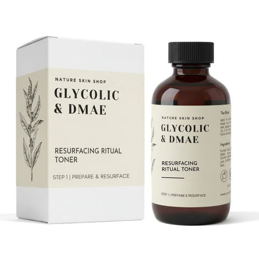 Glycolic & DMAE toner bottle and packaging on a white background