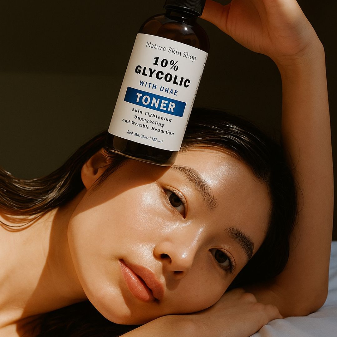 Woman holding a bottle of 10% Glycolic Toner above her face Woman holding a bottle of 10% Glycolic Toner above her face