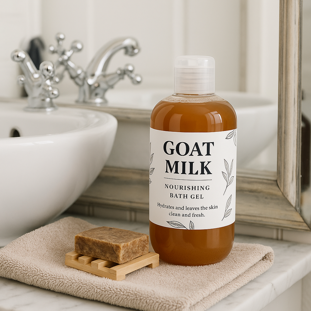 Bottle of goat milk bath gel on a bathroom counter with soap and towel.