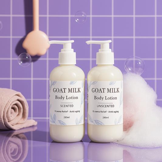 Two bottles of goat milk body lotion on a reflective surface with a purple tiled background.
