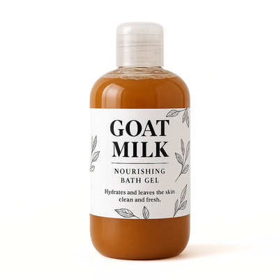 Bottle of goat milk nourishing bath gel on a white background