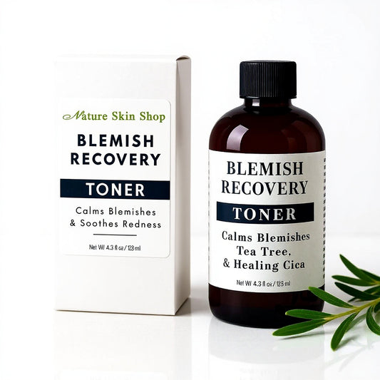 Blemish Recovery Toner bottle and packaging with nature-themed design on a white background