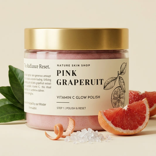 Jar of 'Pink Grapefruit' product from Nature Skin Shop with a sliced grapefruit and green leaves on a beige background