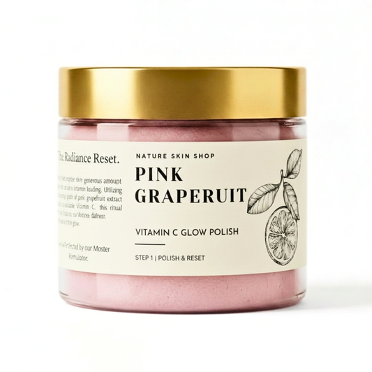Pink grapefruit vitamin C glow polish jar with gold lid on a white background