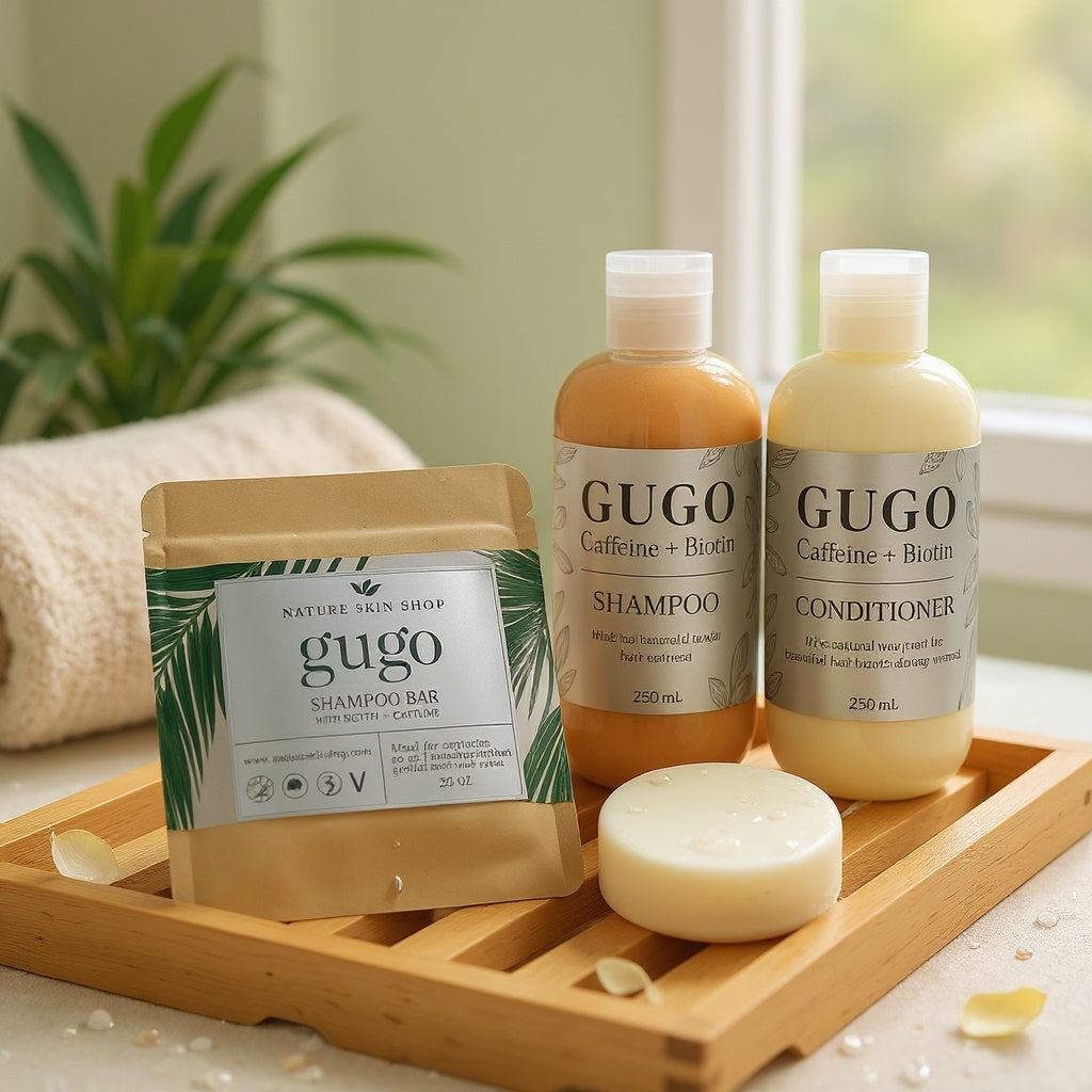 GUGO shampoo and conditioner bottles with a shampoo bar on a wooden tray. GUGO shampoo and conditioner bottles with a shampoo bar on a wooden tray.