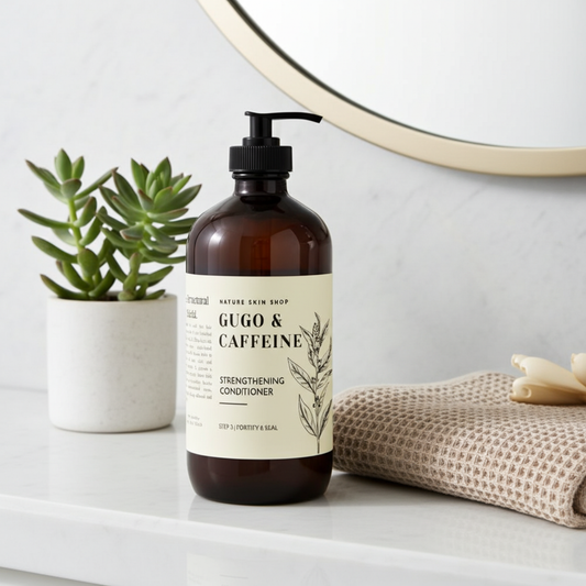 Brown bottle labeled 'Gugo & Caffeine' on a bathroom counter with a plant and towel in the background.