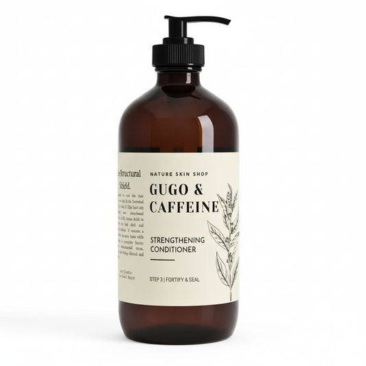 Brown bottle of 'Gugo & Caffeine' strengthening conditioner on a white background