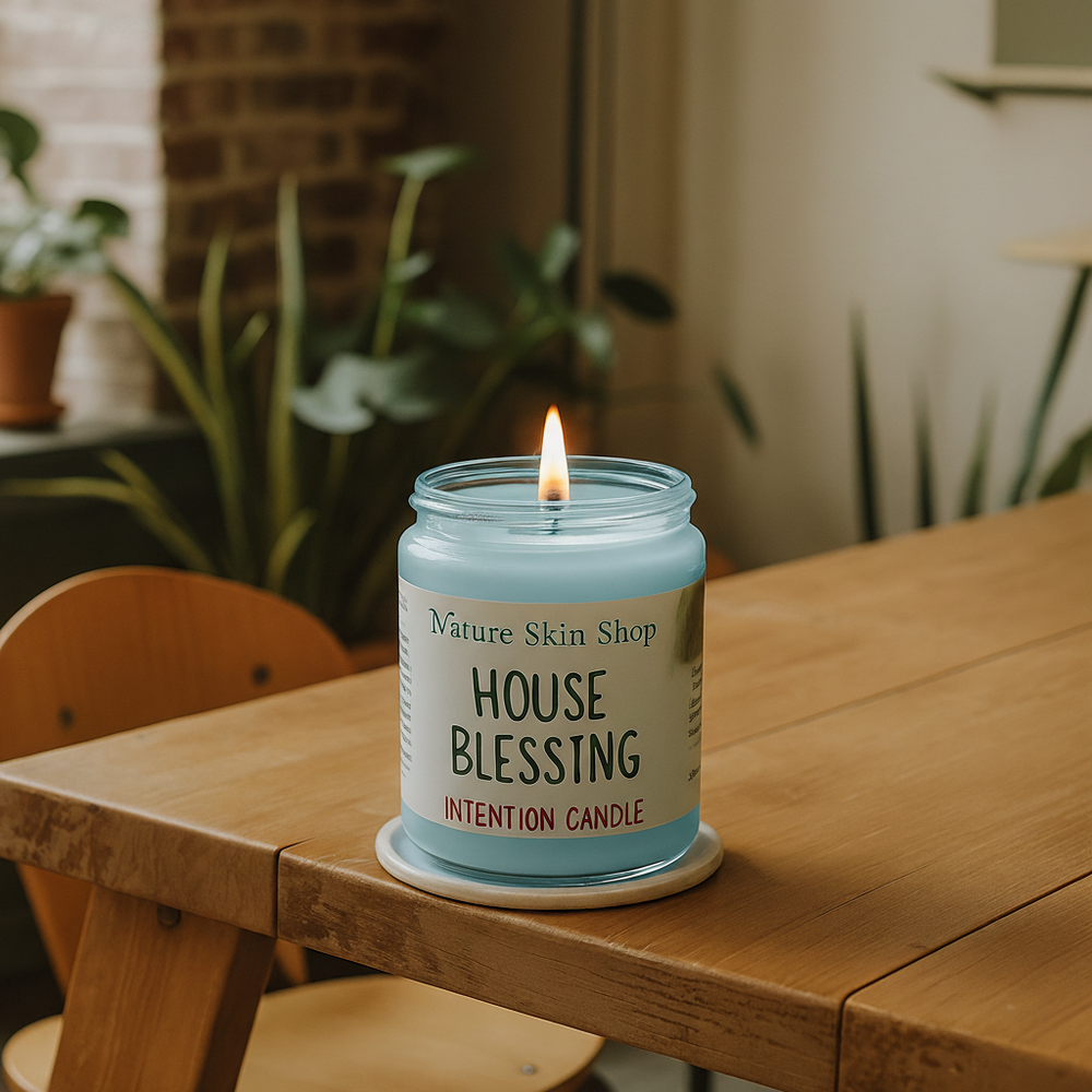 Candle in a jar labeled 'House Blessing Intention Candle' from Nature Skin Shop on a wooden table with plants in the background.