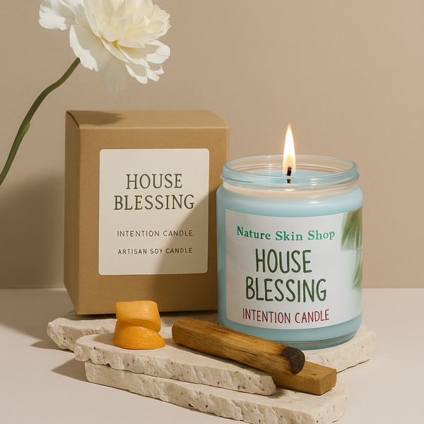 House Blessing intention candle from Nature Skin Shop with packaging and accessories on a neutral background