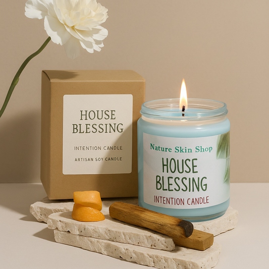 House Blessing intention candle from Nature Skin Shop with packaging and accessories on a neutral background