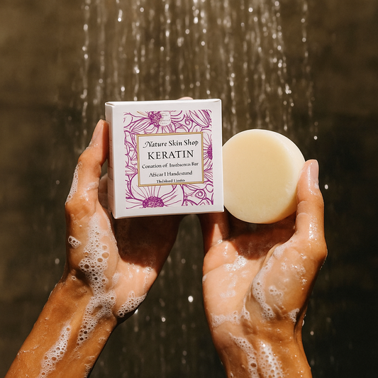 Hand holding a bar of soap and its packaging with water droplets in the background