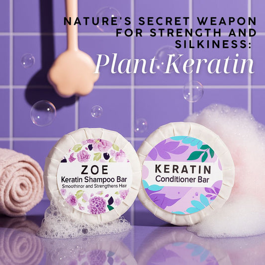 Two plant-based shampoo and conditioner bars with decorative labels on a tiled background.