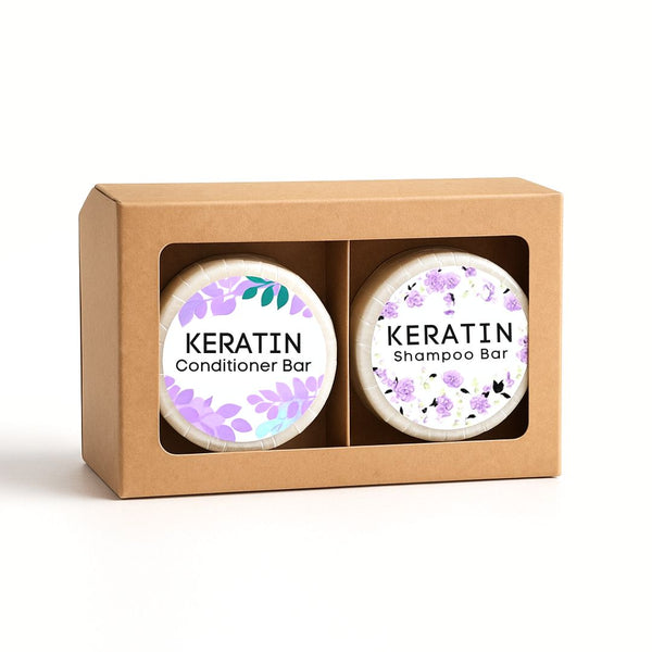 Two Keratin hair care bars in a cardboard box on a white background