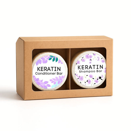 Two Keratin hair care bars in a cardboard box on a white background