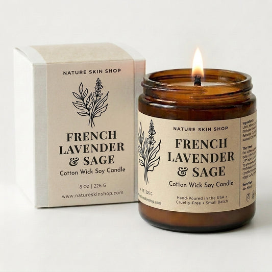 French Lavender & Sage candle with packaging on a white background