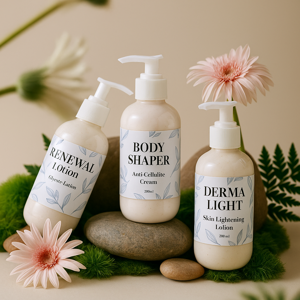 Three skincare bottles labeled 'Renewal Lotion', 'Body Shaper', and 'Derma Light' on a natural background with flowers and stones. Three skincare bottles labeled 'Renewal Lotion', 'Body Shaper', and 'Derma Light' on a natural background with flowers and stones.