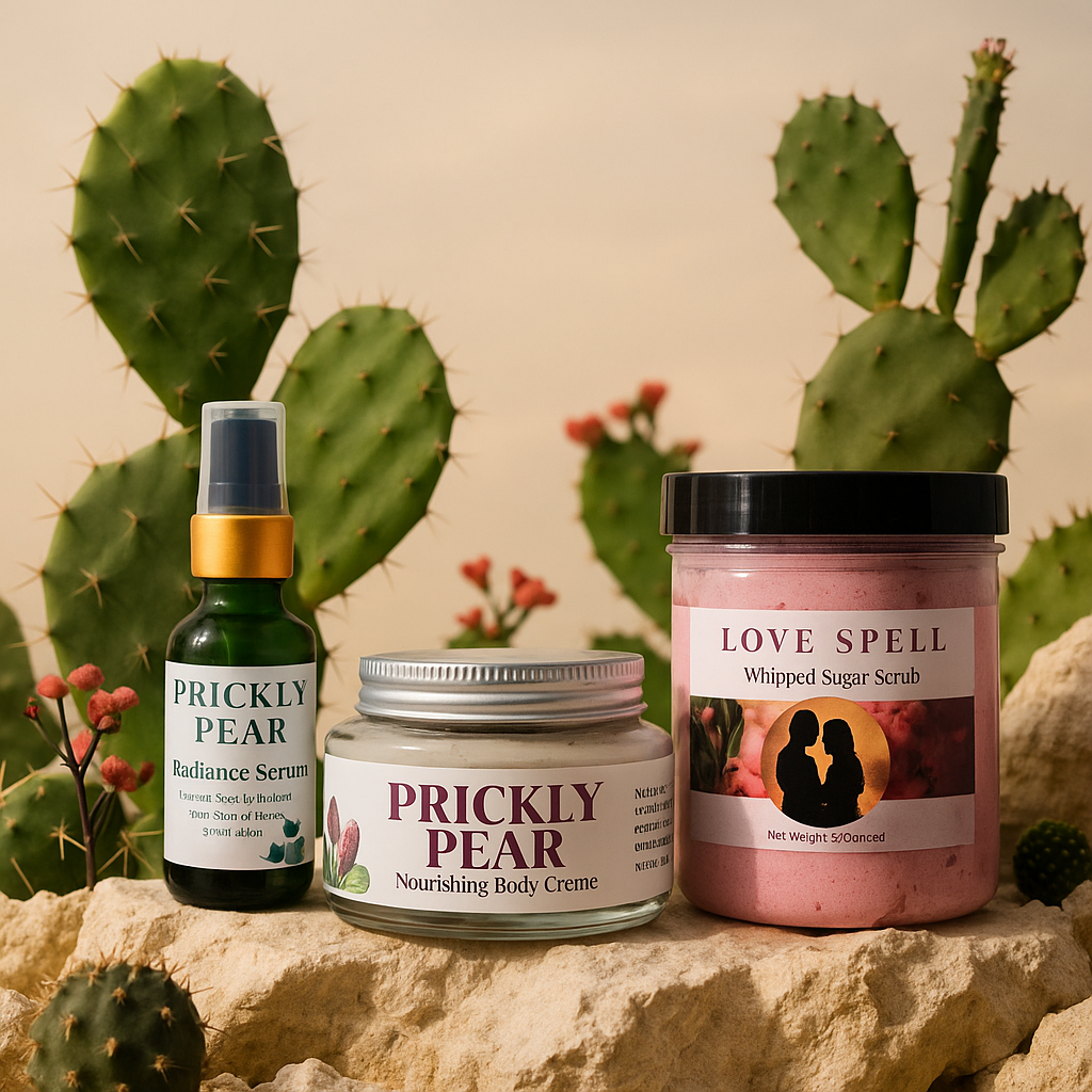 Three skincare products with 'Prickly Pear' and 'Love Spell' branding against a cactus background.