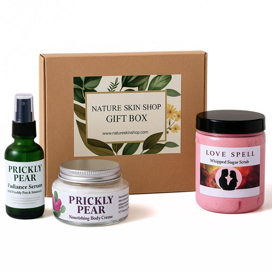 Nature Skin Shop gift box with skincare products including a serum, cream, and scrub.