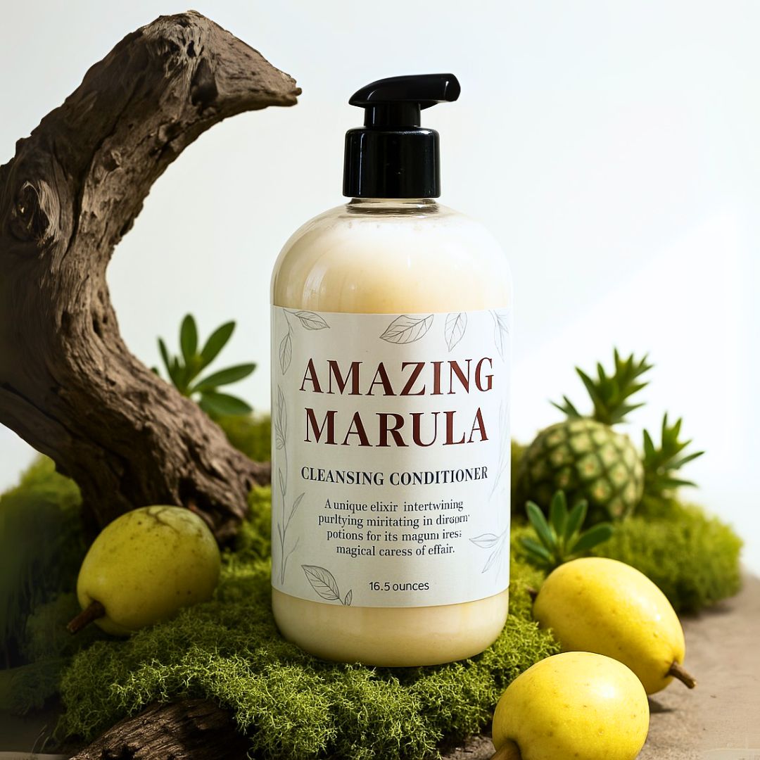 Bottle of 'Amazing Marula' cleansing conditioner with natural elements like a pineapple and fruit on a green background. Bottle of 'Amazing Marula' cleansing conditioner with natural elements like a pineapple and fruit on a green background.