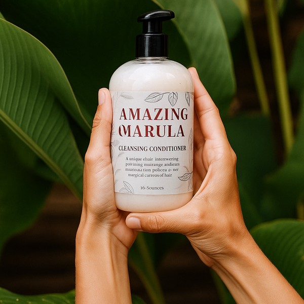 Hand holding a bottle of 'Amazing Marula' cleansing conditioner with green leaves in the background