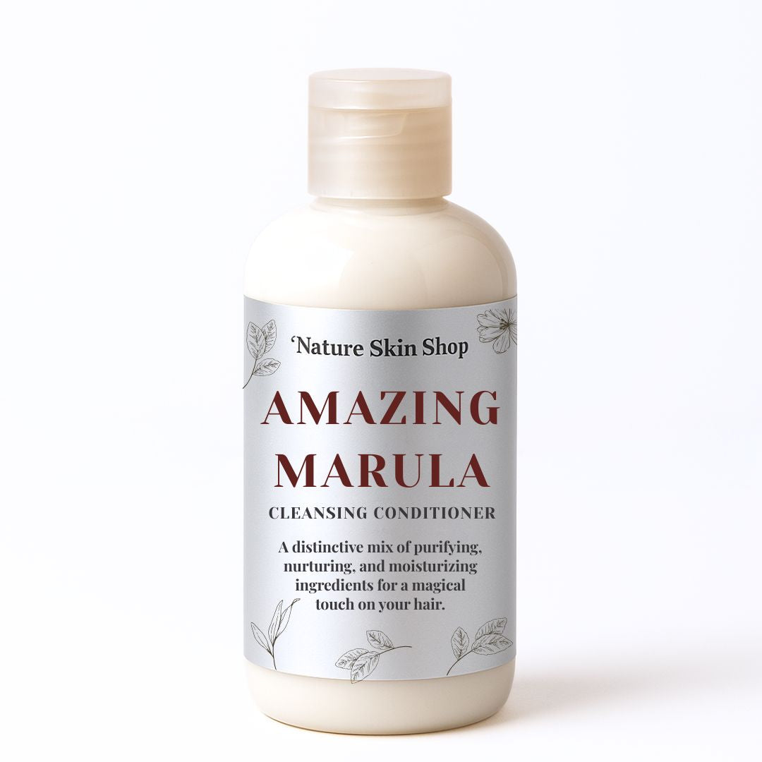 Bottle of 'Amazing Marula' cleansing conditioner from Nature Skin Shop on a white background Bottle of 'Amazing Marula' cleansing conditioner from Nature Skin Shop on a white background