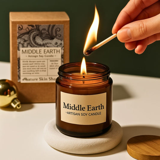 Person lighting a 'Middle Earth' artisan soy candle with a match, on a white surface with a green background.