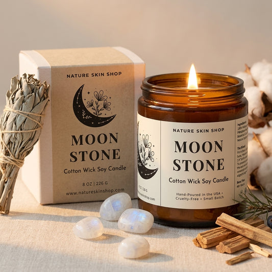 Moon Stone candle from Nature Skin Shop with packaging, cotton, and other elements on a neutral background