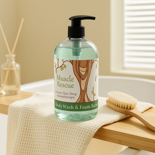 Bottle of 'Muscle Rescue' body wash on a bathroom counter with a brush and towel.