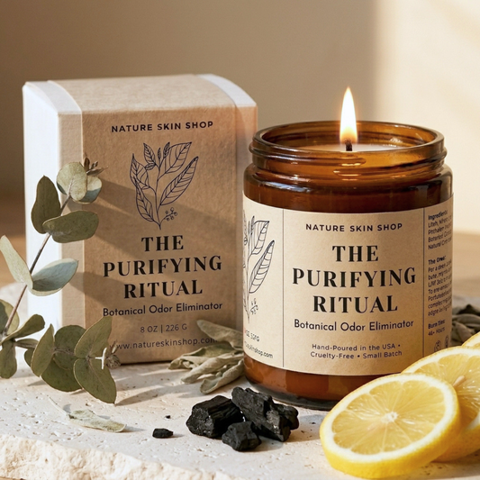 Candle labeled 'The Purifying Ritual' from Nature Skin Shop with packaging, eucalyptus leaves, and lemons on a neutral background.