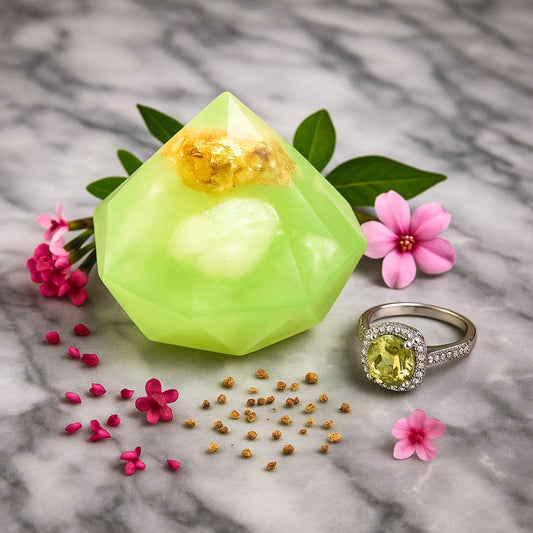 Green gemstone with yellow center on a marble surface with flowers and a ring.