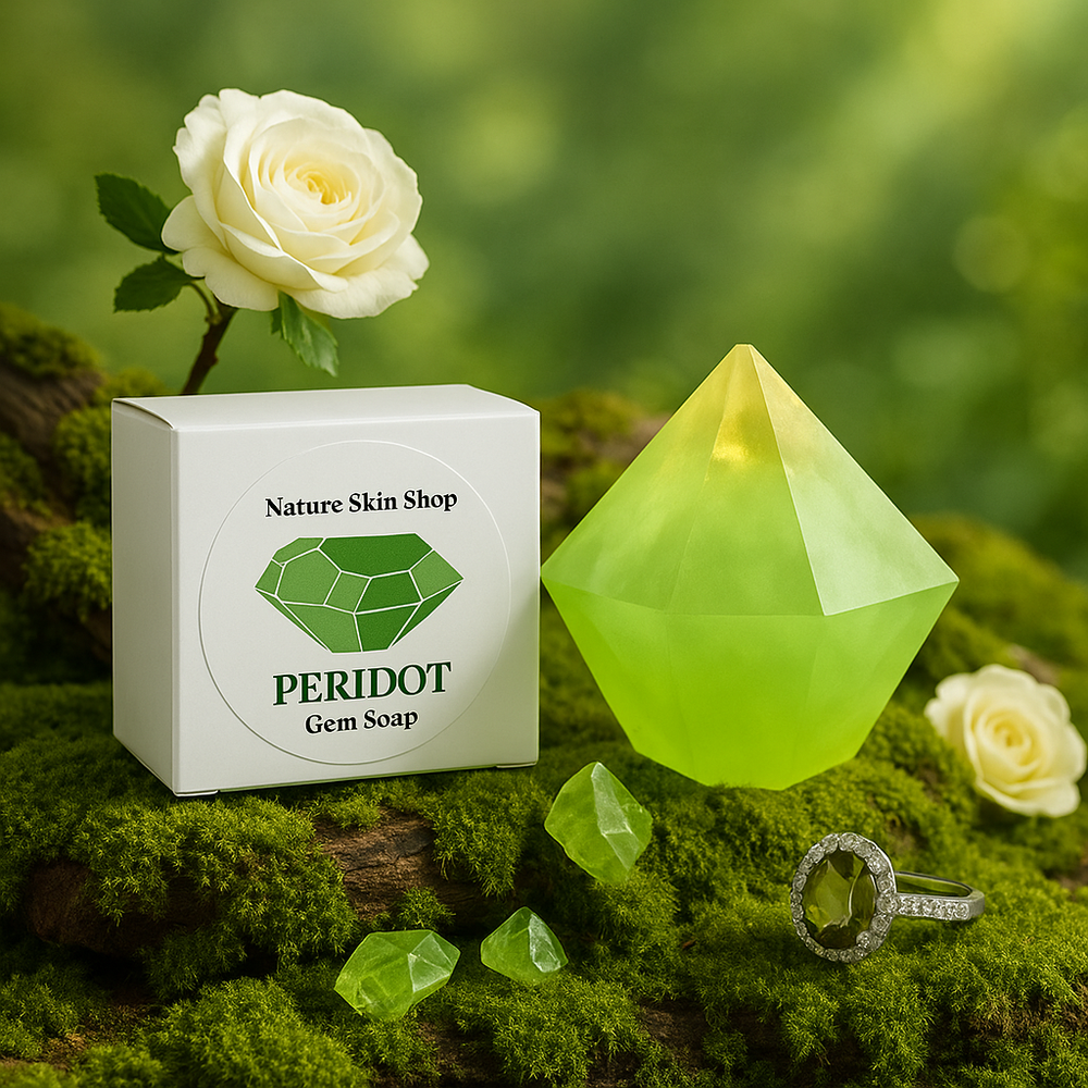 Peridot gem soap with packaging and decorative elements on a green background