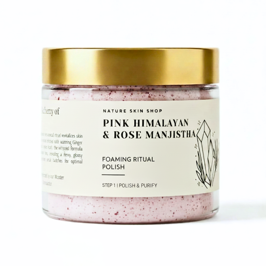 Jar of Pink Himalayan & Rose Manjistha Foaming Ritual Polish with gold lid on a white background