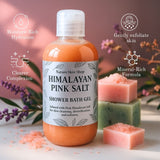Bottle of Himalayan Pink Salt Shower Bath Gel with ingredients listed on a blurred background Bottle of Himalayan Pink Salt Shower Bath Gel with ingredients listed on a blurred background
